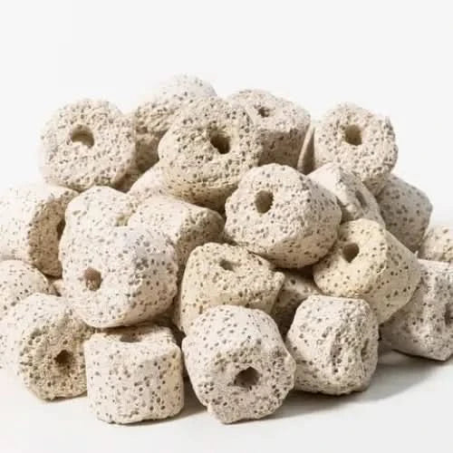 Porous ceramic filter media with central holes.