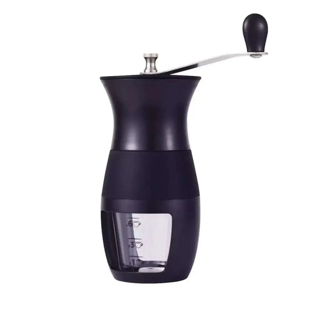 Black manual coffee grinder.