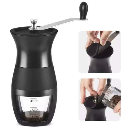 Black manual coffee grinder.