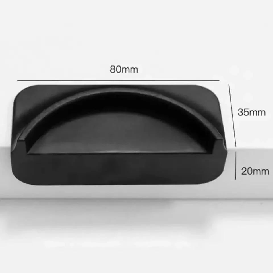 Black drawer pull with dimensions.