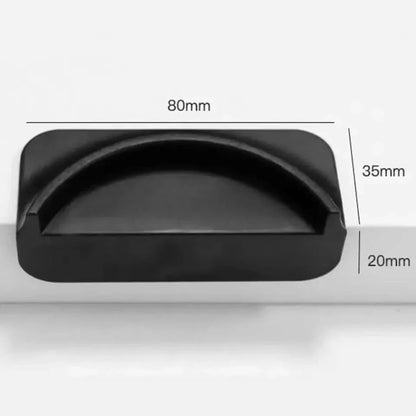 Black drawer pull with dimensions.