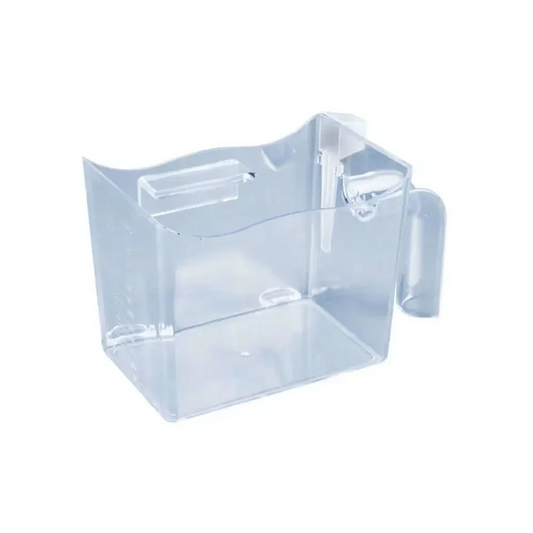 Clear plastic ice bucket with handle.
