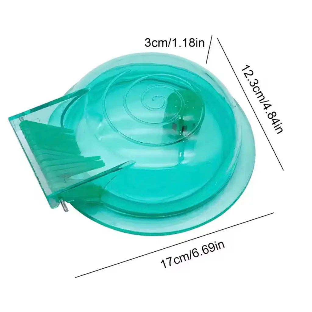 Green spiral tape measure with clear plastic housing and metal blade