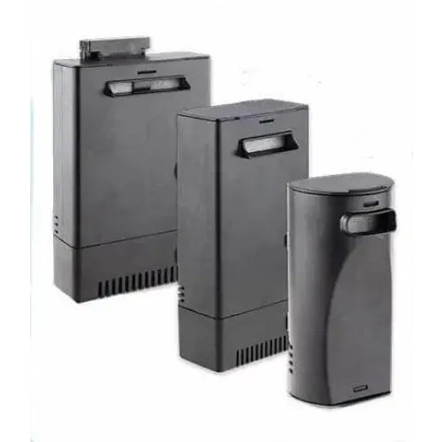Three black air purifiers.