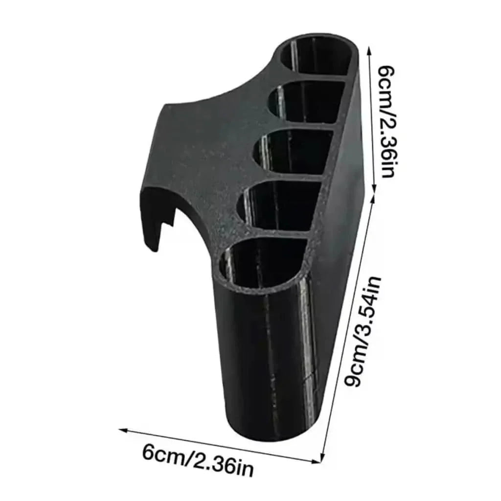 Black plastic five-slot holder with hook.