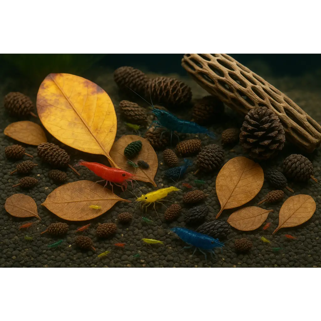 Colorful shrimp in an aquarium with natural decor.