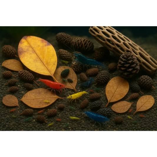 Colorful shrimp in an aquarium with natural decor.