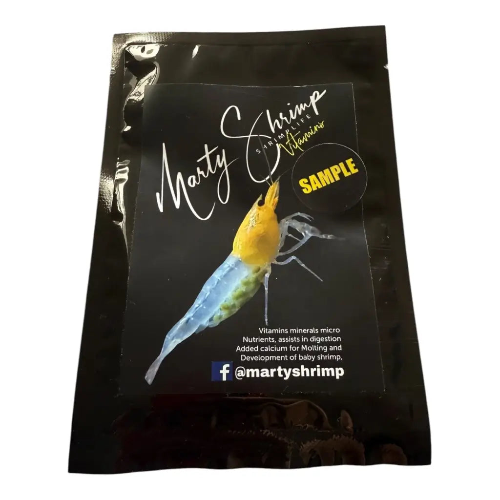 Black pouch of shrimp food with a colorful shrimp illustration