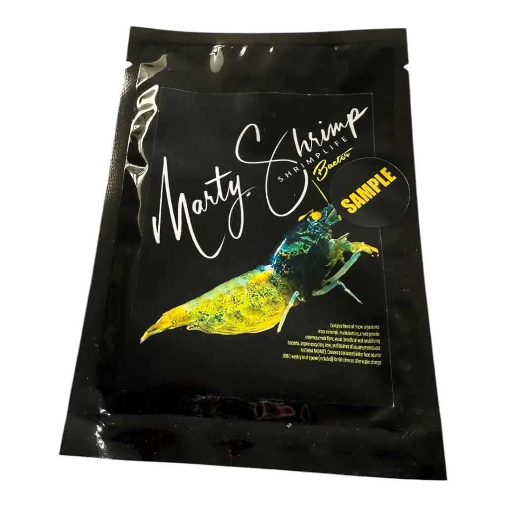 Black foil pouch of shrimp food with a yellow shrimp graphic.