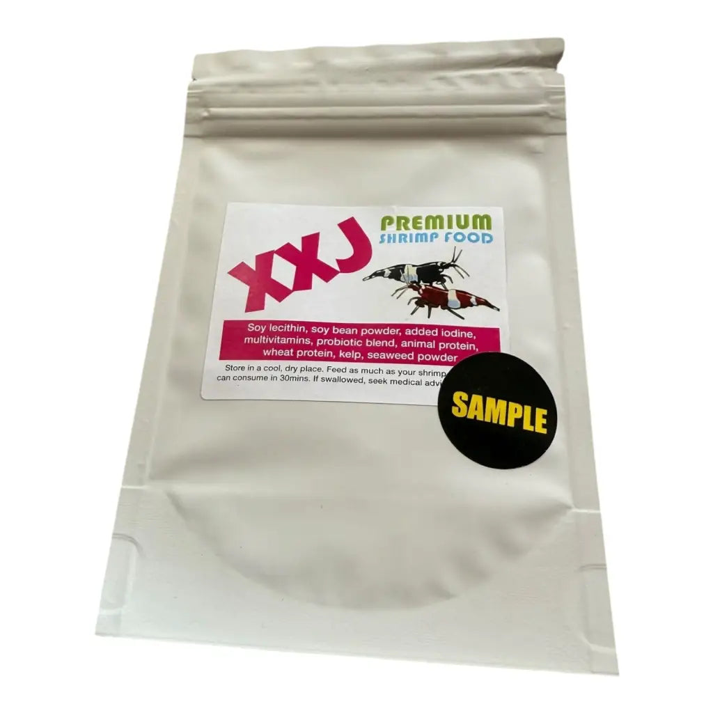 White stand-up pouch of XXJ Premium Shrimp Food.