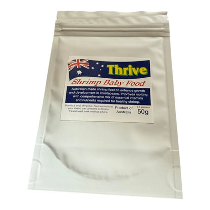 A sealed, white plastic pouch of ’Thrive Shrimp Baby Food’ for crustaceans, containing 50g of product, made in Australia.