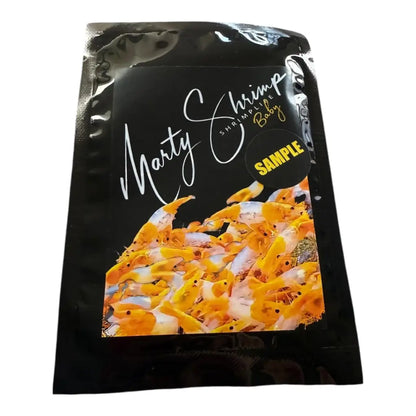 Black sealed pouch of shrimp food for babies.