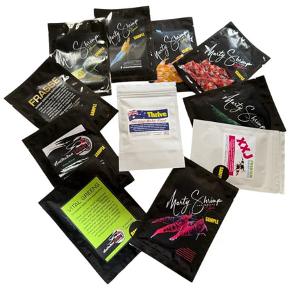 Assortment of shrimp food samples.
