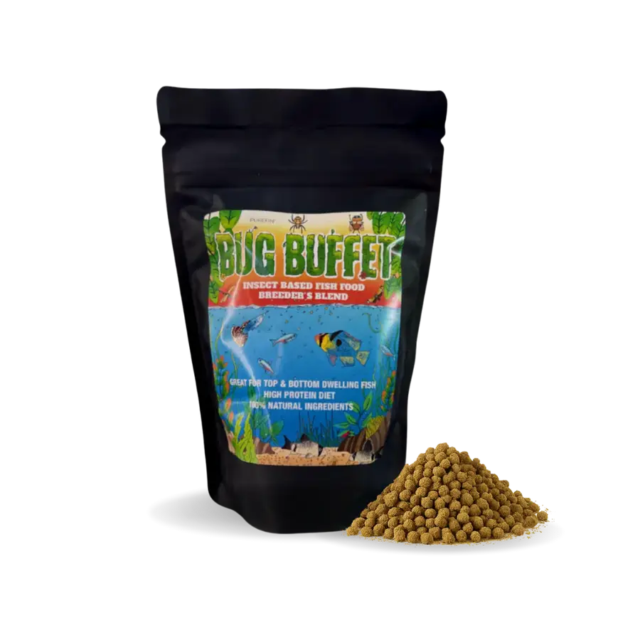 Black resealable pouch of bug buffet insect-based fish food, featuring a colorful label with aquatic imagery and a pile of golden-brown pellets beside it.