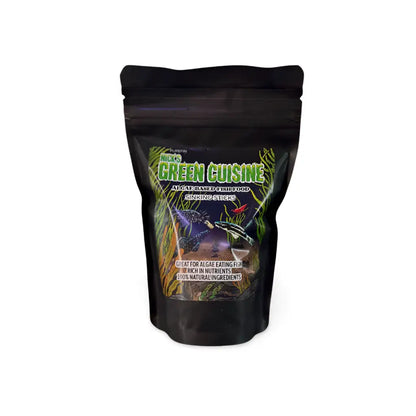 Black pouch of nick’s green cuisine algae-based fish food sinking sticks.