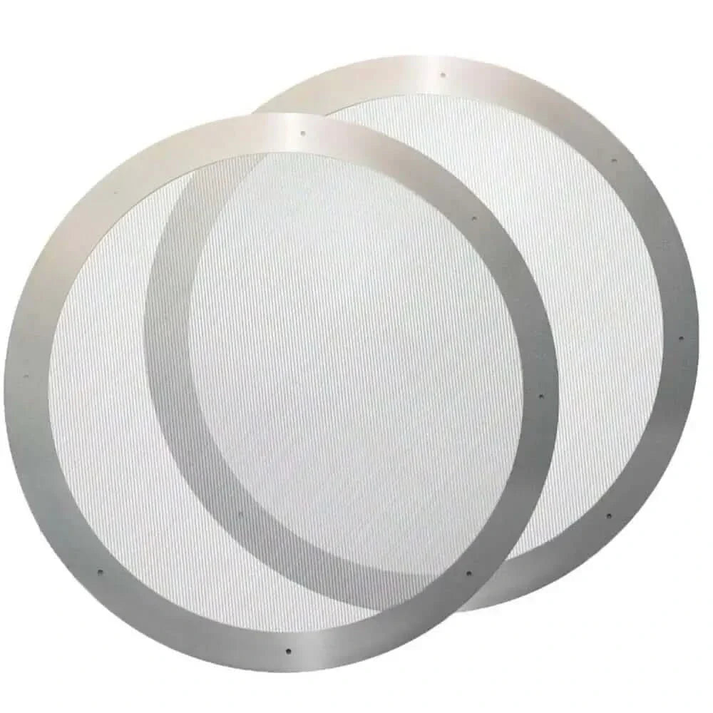 Two round, metal-rimmed mesh screens.