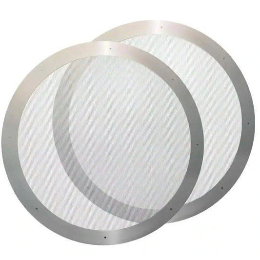Two round, metal-rimmed mesh screens.