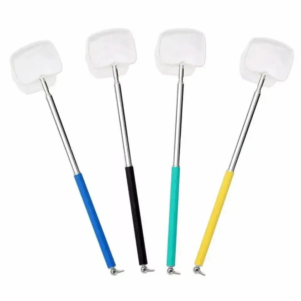 Four colorful retractable aquarium fishnets with white mesh.