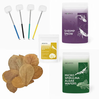 Assortment of aquarium cleaning tools and shrimp food products.