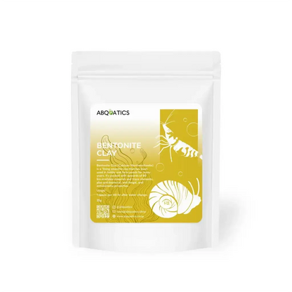A white stand-up pouch of bentonite clay with a yellow label featuring illustrations of a shrimp and a snail.