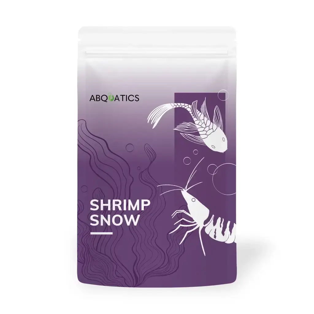 Purple pouch of shrimp food with fish and shrimp illustrations