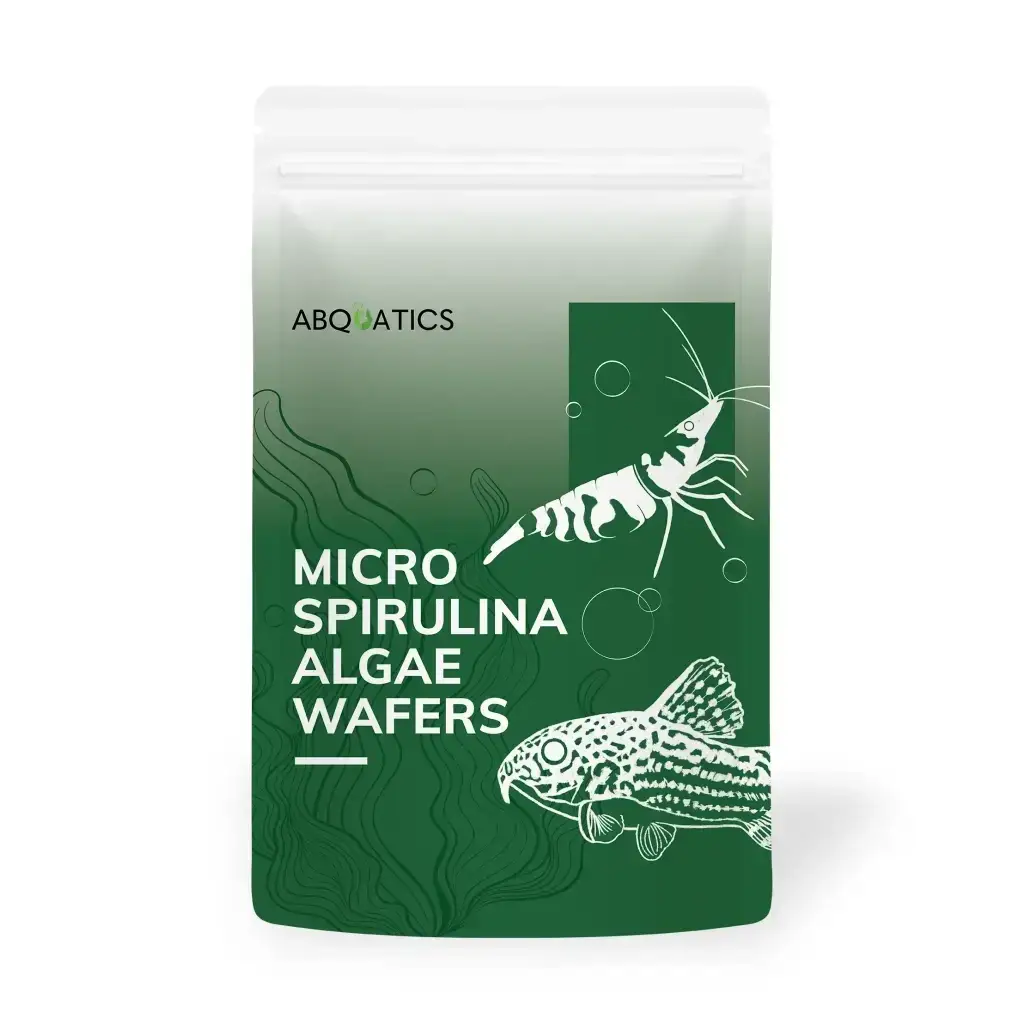 A pouch of ABQ ATICS Micro Spirulina Algae Wafers, featuring illustrations of a shrimp and a fish.