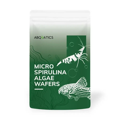 A pouch of ABQ ATICS Micro Spirulina Algae Wafers, featuring illustrations of a shrimp and a fish.