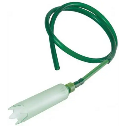 Green hose with white, slotted tip.