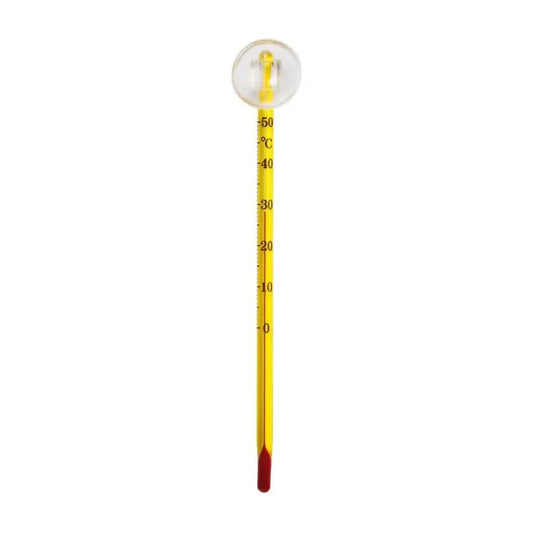 Yellow thermometer with red liquid.