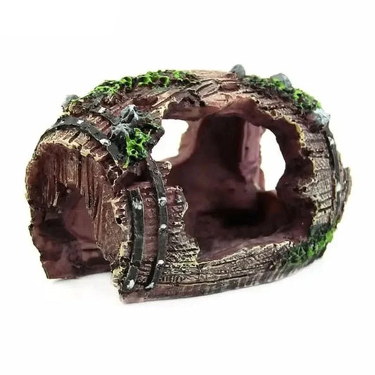 Decorative, weathered barrel aquarium ornament.