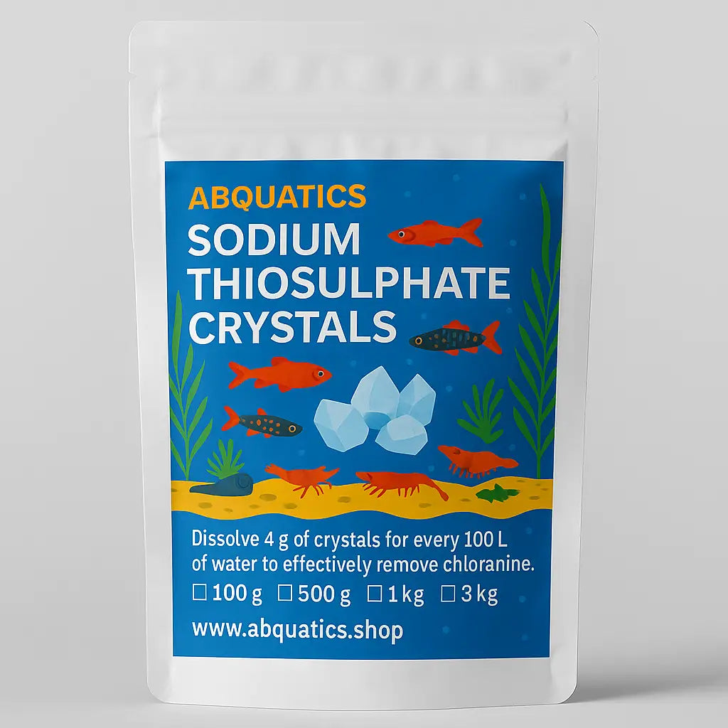 A white stand-up pouch containing Sodium Thiosulphate Crystals for aquariums.