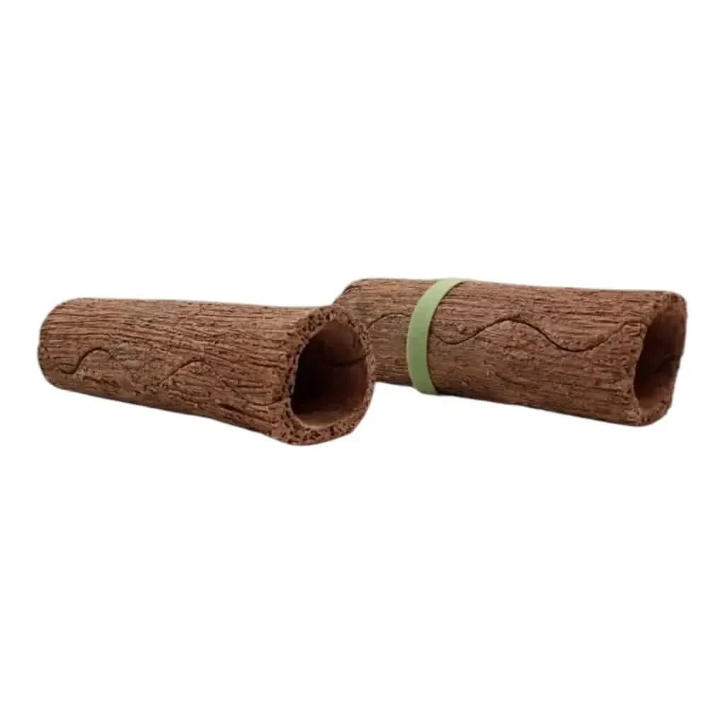 Two brown hollow logs with bark texture.