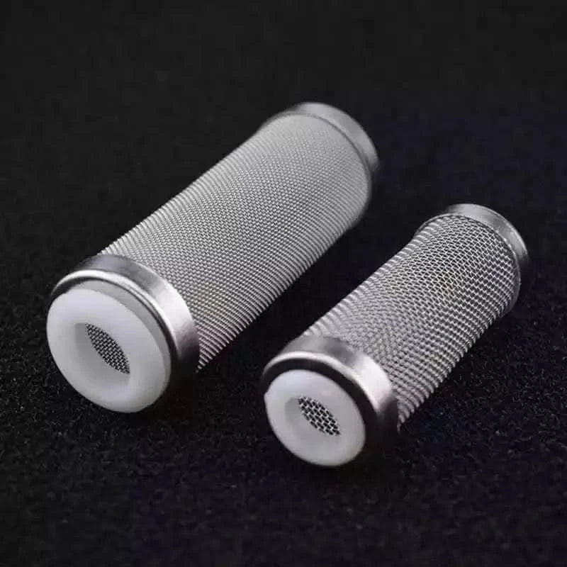 Cylindrical stainless steel mesh filters.