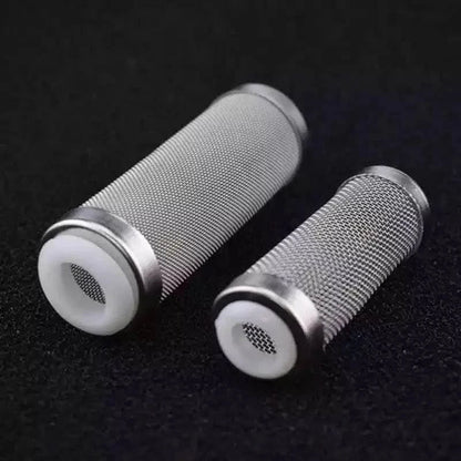 Cylindrical stainless steel mesh filters.