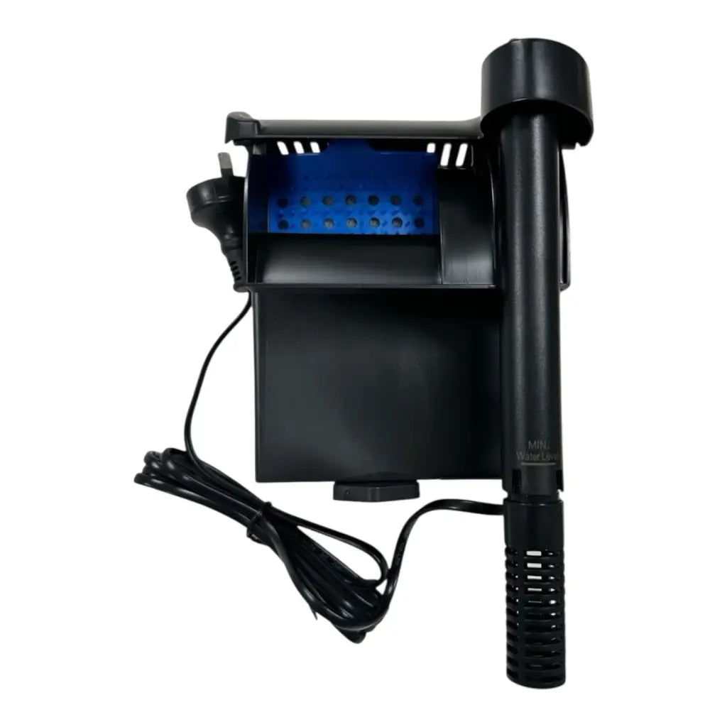 Black aquarium filter with intake tube.