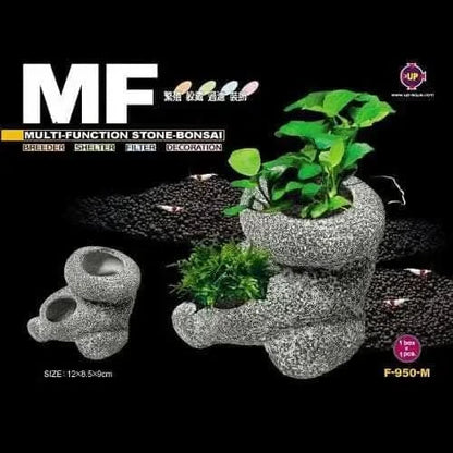Multi-function stone bonsai with plants.