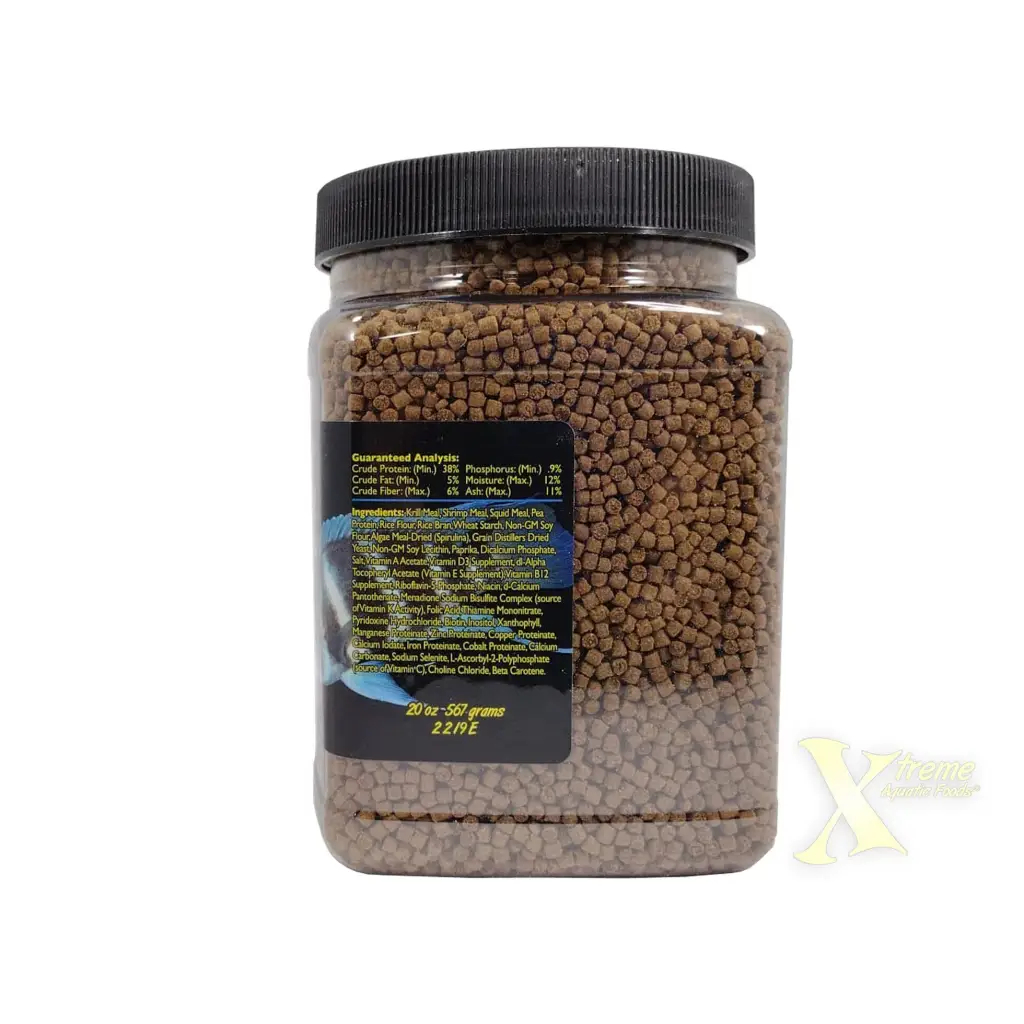 Container of fish food pellets.