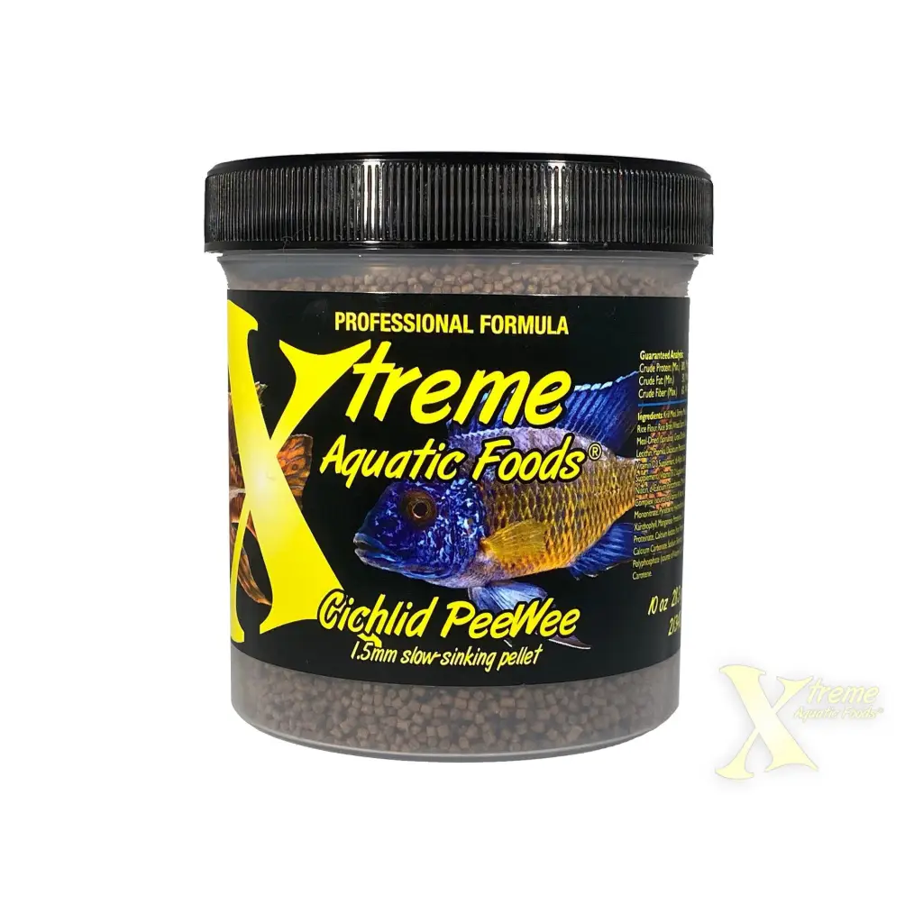 Container of cichlid fish food.