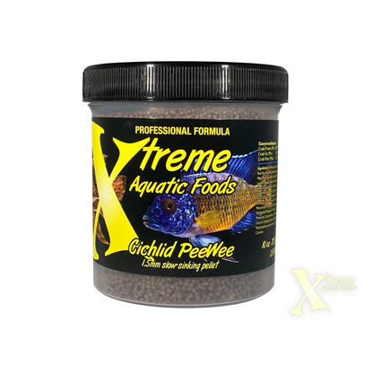 Container of cichlid fish food.