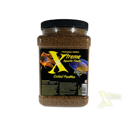 Container of cichlid fish food.