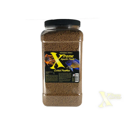 Container of brown fish food pellets.