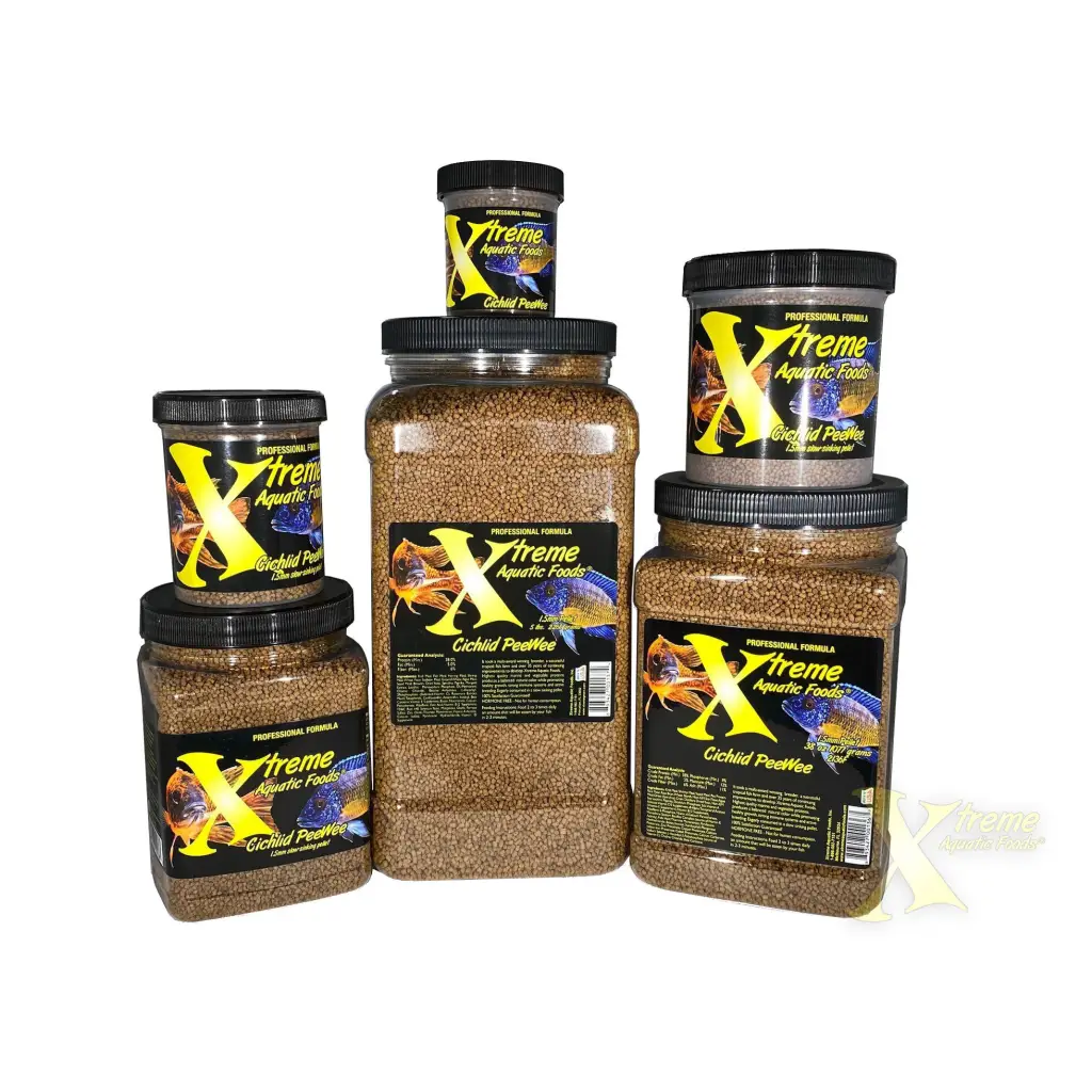 Containers of cichlid fish food.