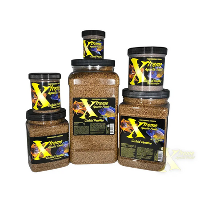 Containers of cichlid fish food.