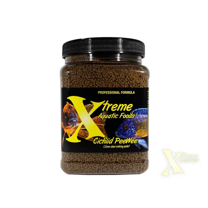 Cichlid fish food in a jar.