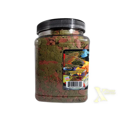 Container of fish food flakes.