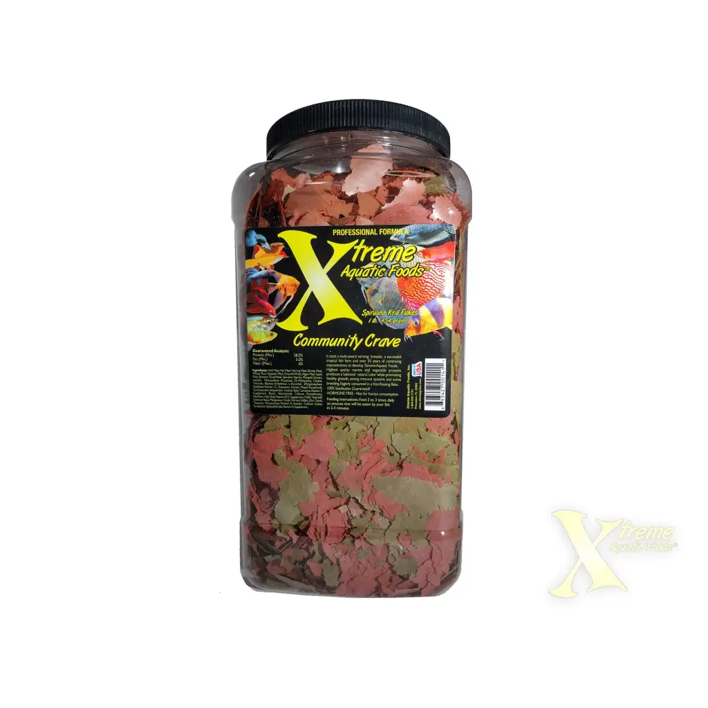 Container of fish food flakes.