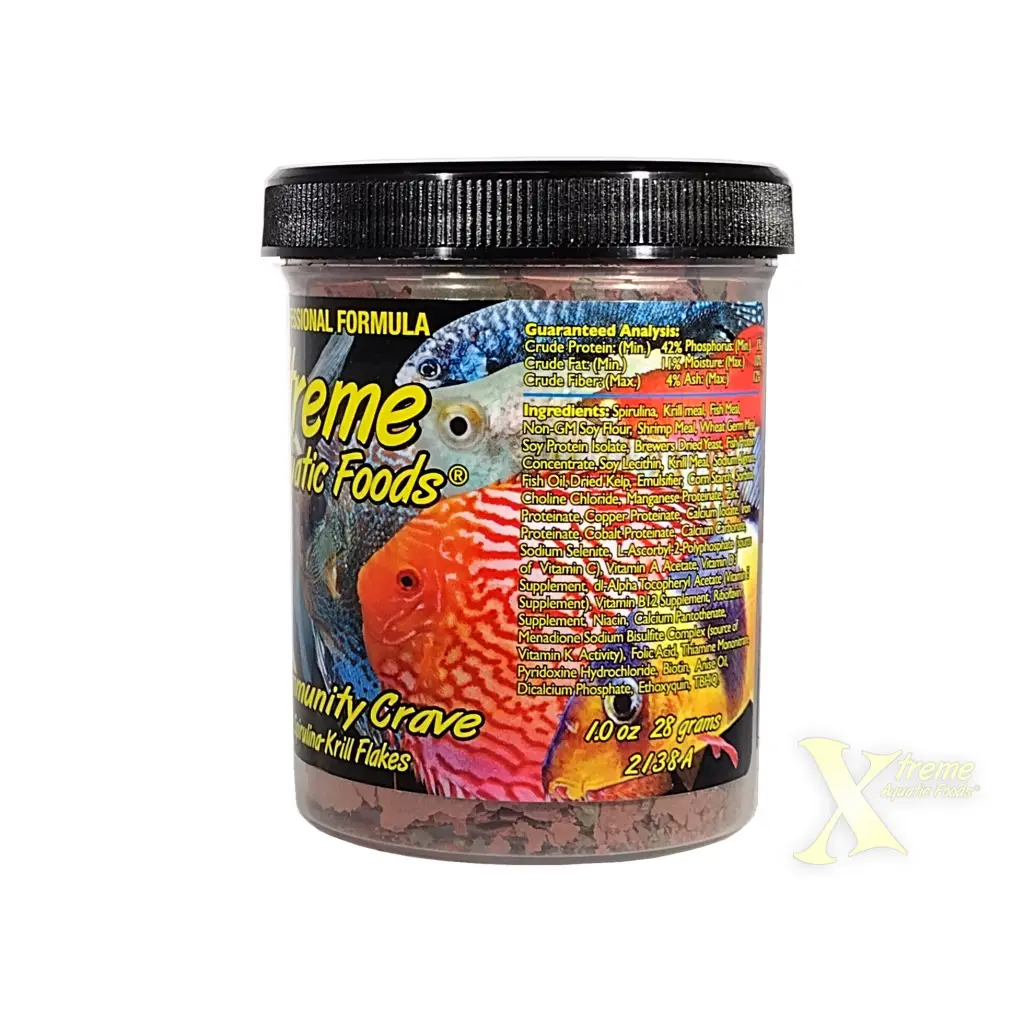 Container of fish food flakes.