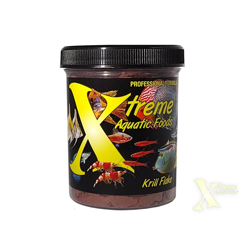 Container of krill flake fish food.