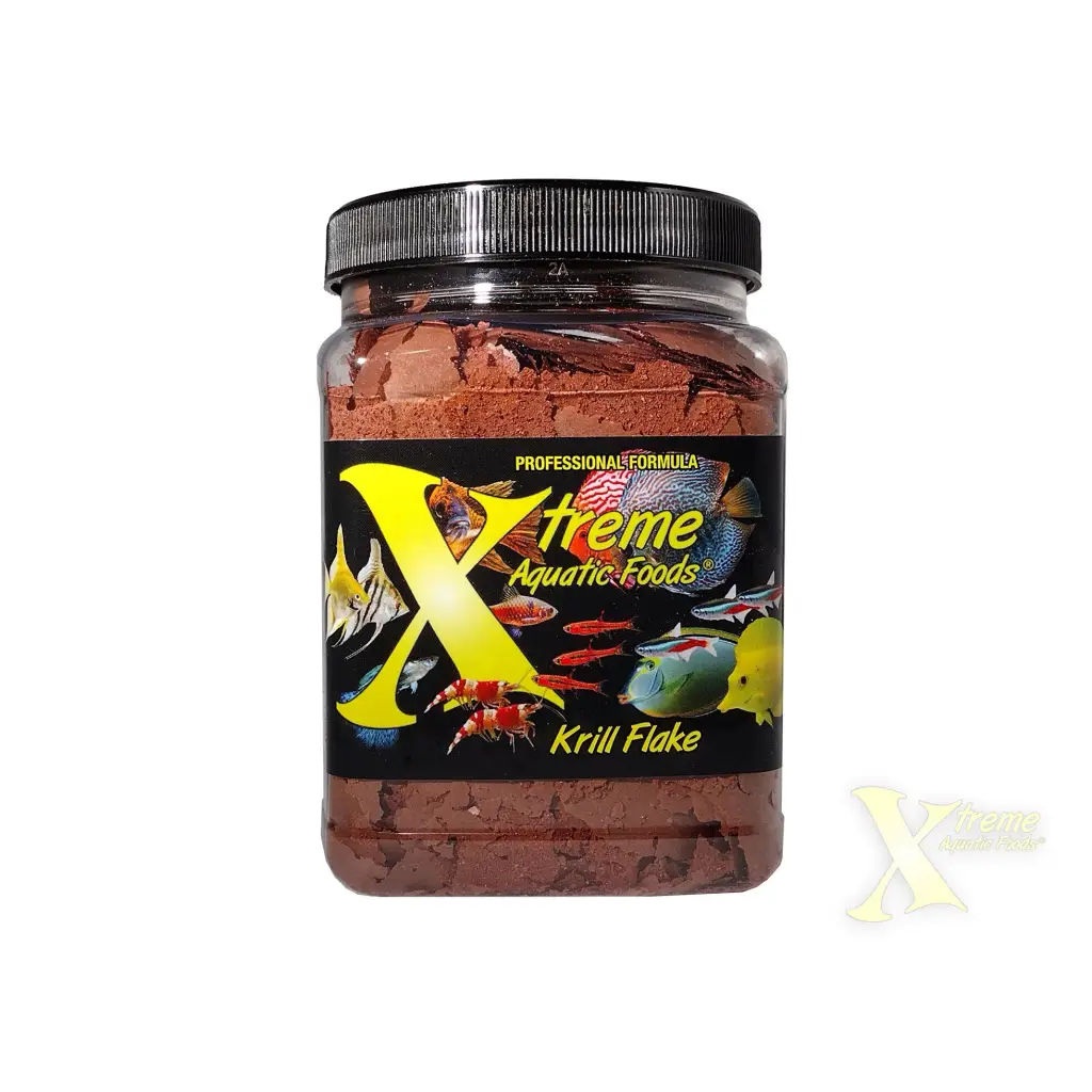 Jar of krill flake fish food.