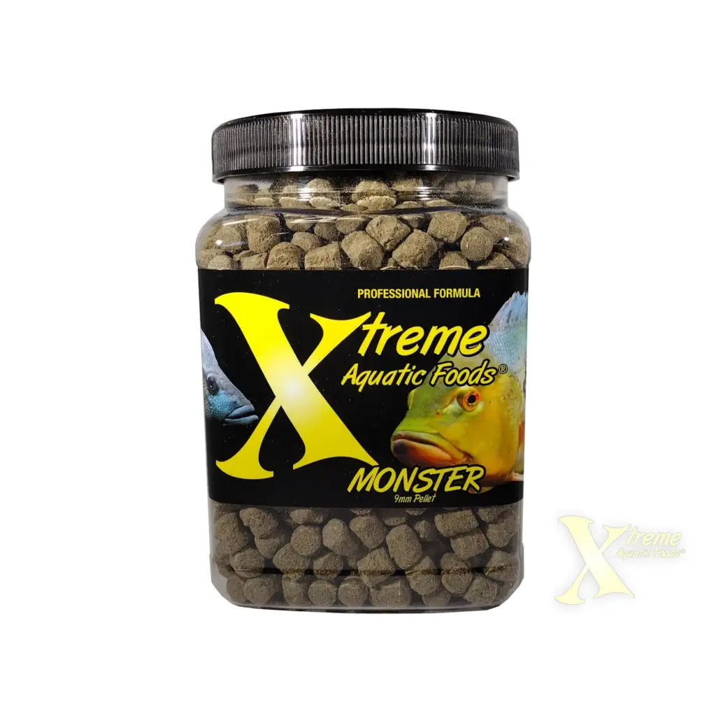 Jar of fish food pellets.